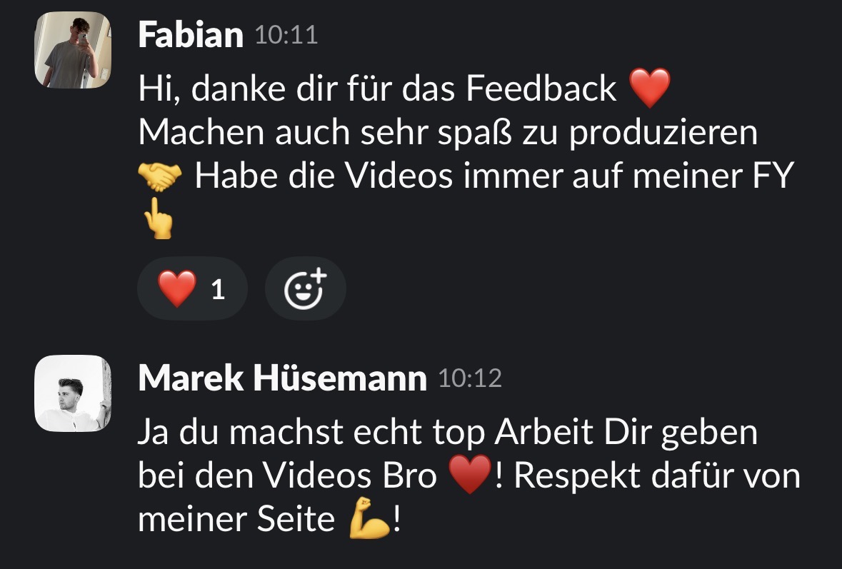 Slack-Feedback von Marek Hüsemann: top Arbeit bei den Videos